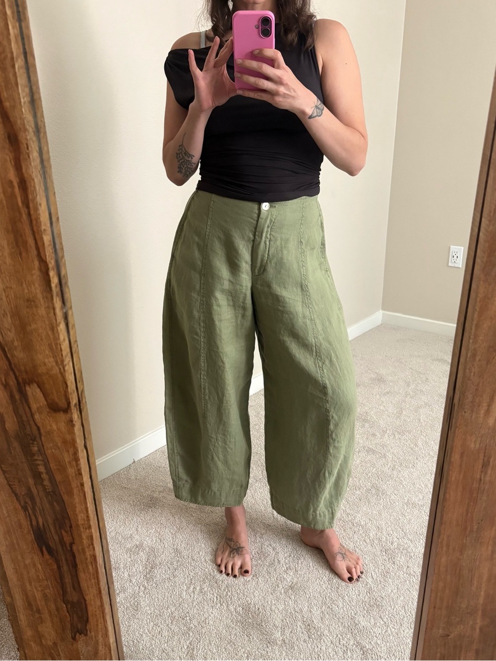 Wide-Leg Linen Pants in Olive Green